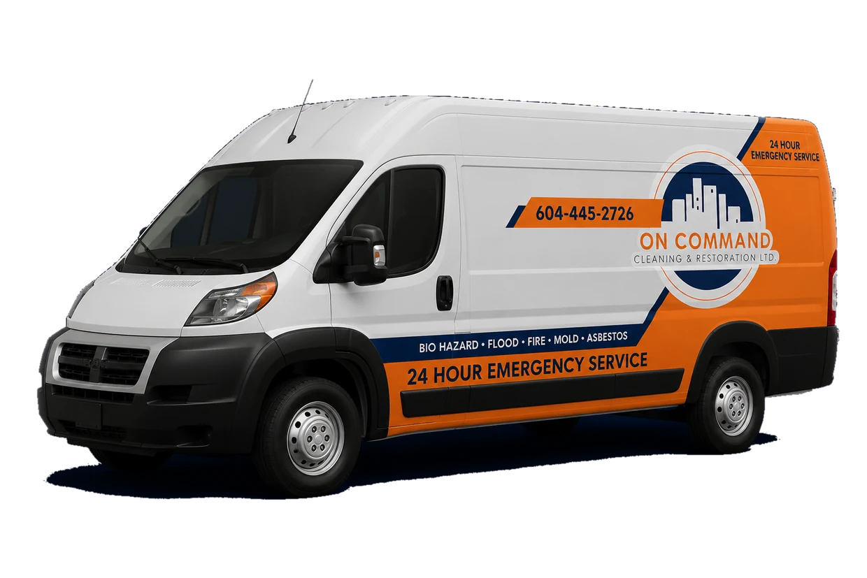 On Command Cleaning and Restoration service van, wrapped with 604-445-2726 and 24 hour emergency service
