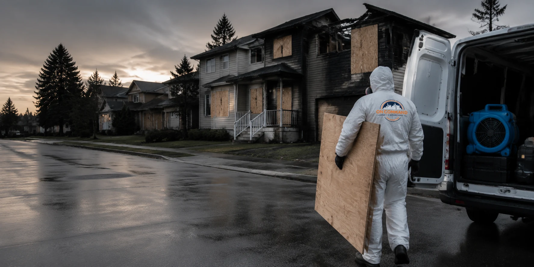 On Command technician in a protective suit carrying a board-up panel from the van to a fire-damaged Abbotsford house at dusk, with plywood already over the upper windows