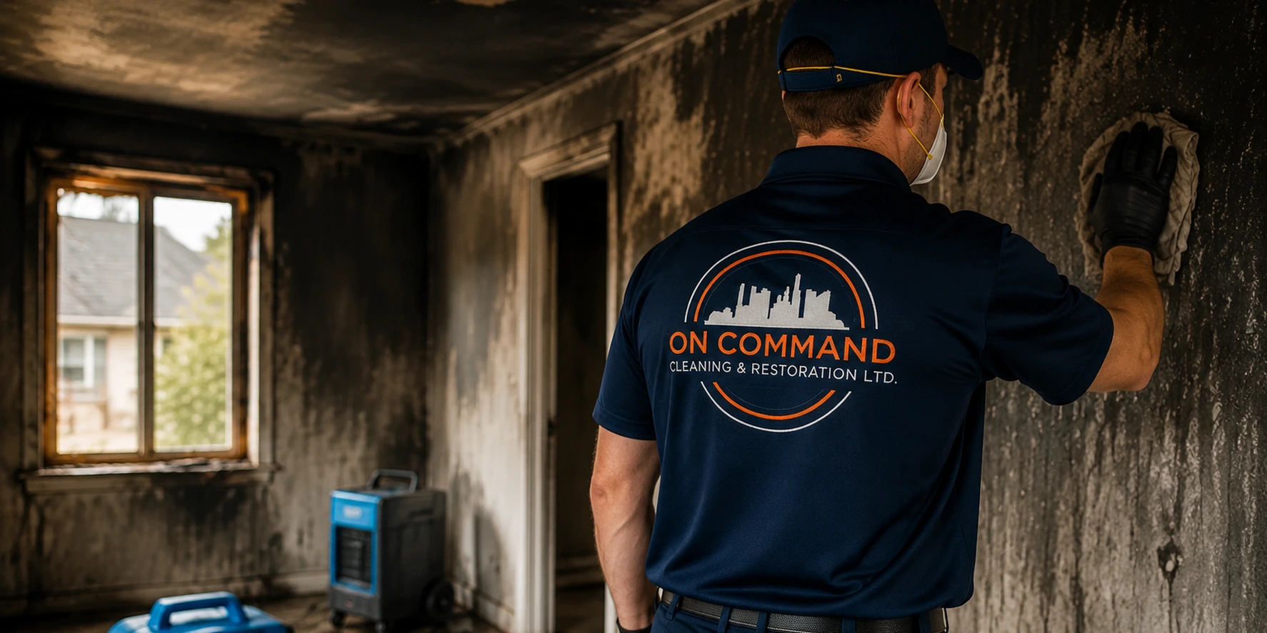 On Command technician in a protective suit running an air scrubber and air mover in a soot-stained Coquitlam living room with a stone fireplace and mountain-view windows