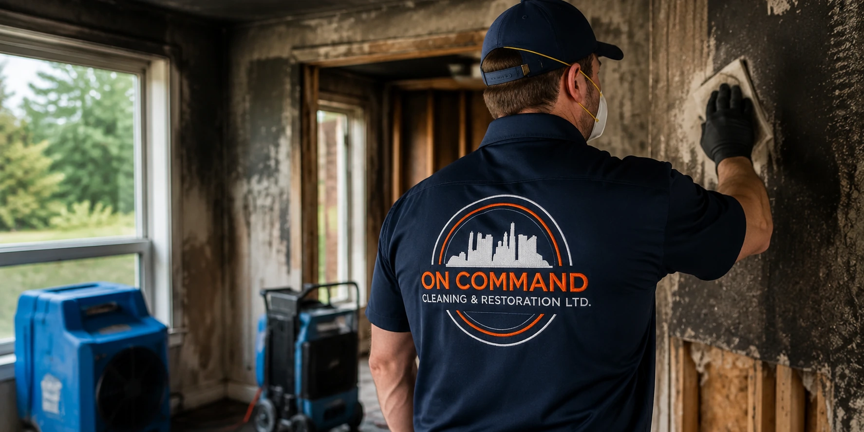 On Command technician in a protective suit sealing a taped containment barrier across the doorway of a smoke-stained Langley room