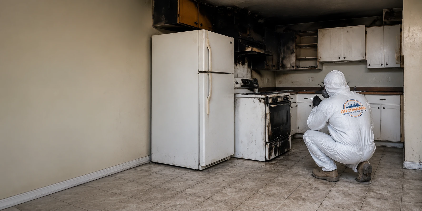 On Command technician in a protective suit and respirator checking soot spread on the range and the charred upper cabinets of a smoke-damaged Metro Vancouver kitchen