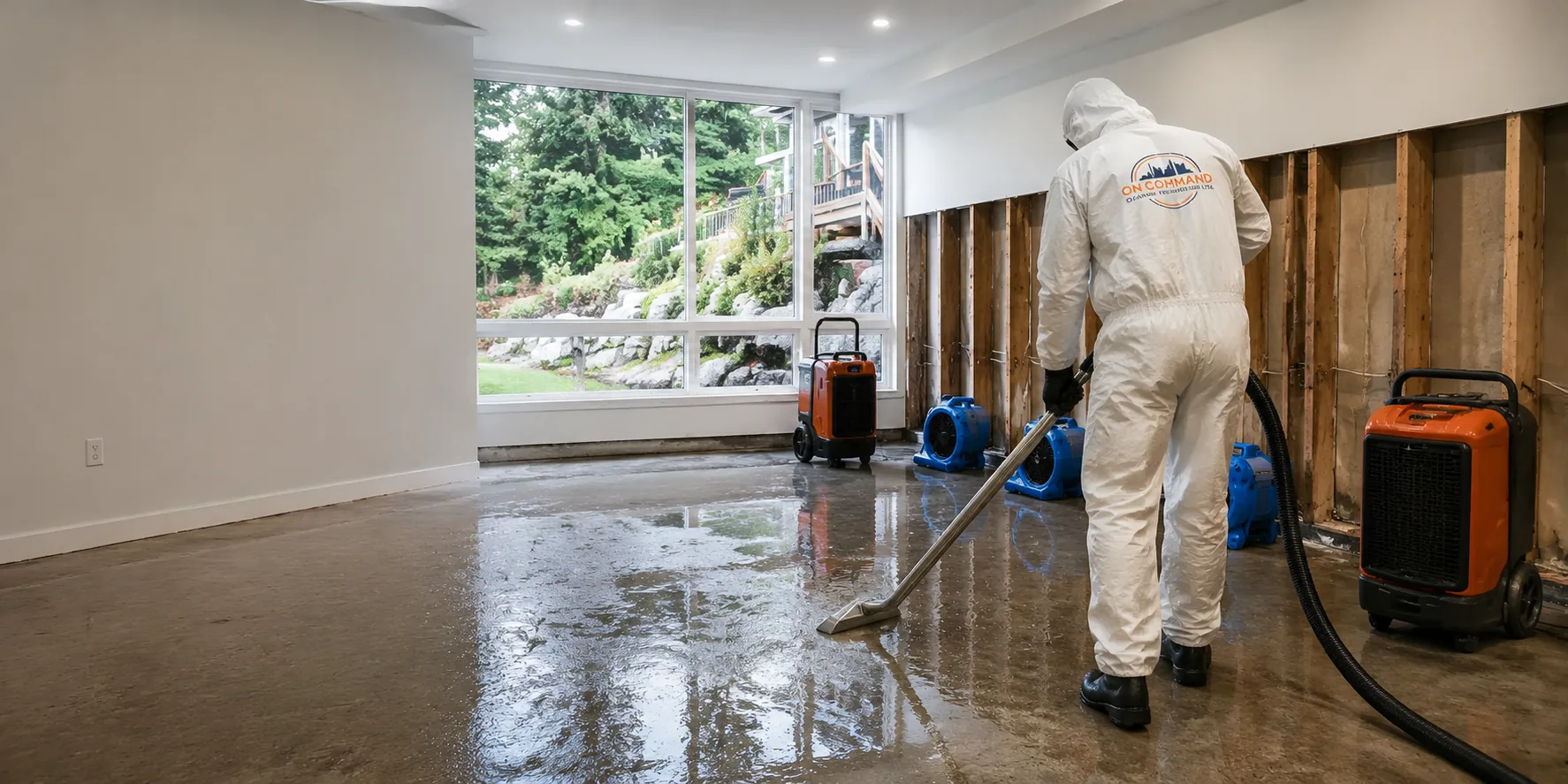 On Command crew providing emergency flooded basement cleanup for a Coquitlam home