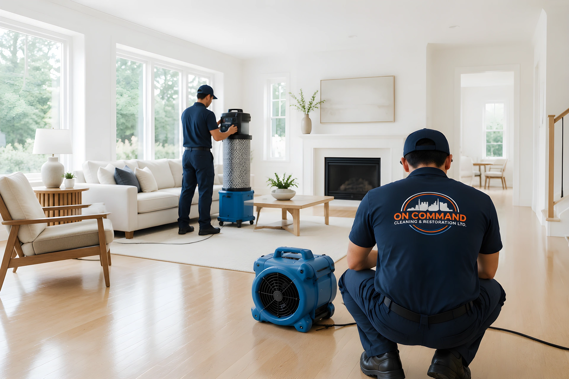 Restored Metro Vancouver interior with an On Command crew member after fire and smoke cleanup